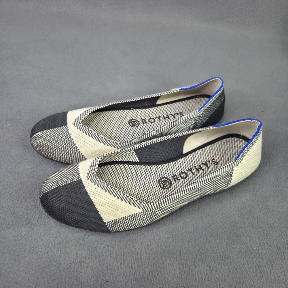 Rothy's Womens Flats Slip On Shoes Navy Blue White Plaid Round Toe Size 8